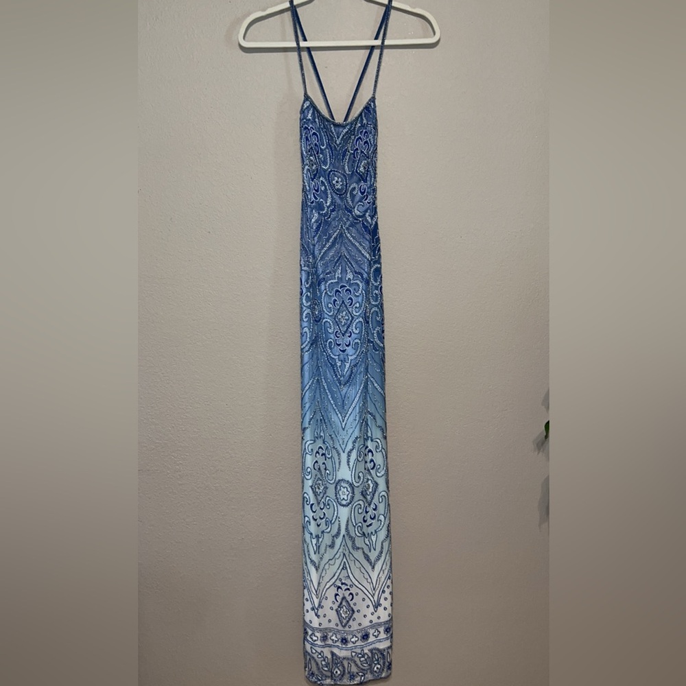 Elegant Blue Beaded Floor-length Gown